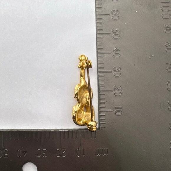 Vintage 80s Gold Tone Rhinestone Violin Cello Brooch Pin Musical Instrument - Picture 8 of 8